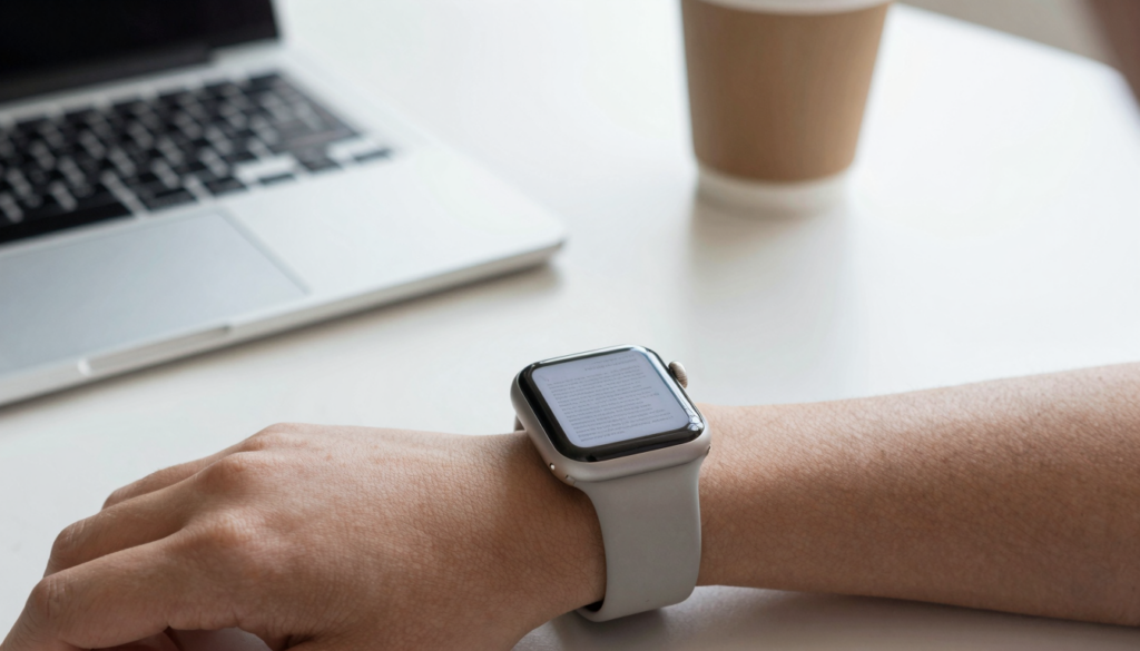 Apple Watch on a wrist showing a document viewer app with a PDF page