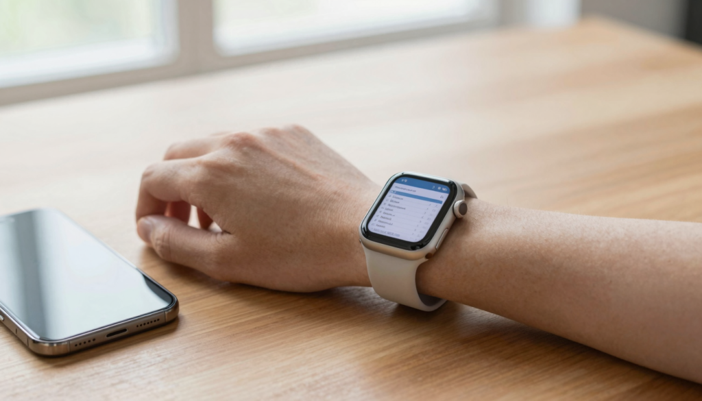 Apple Watch on a wrist showing a PDF document file list