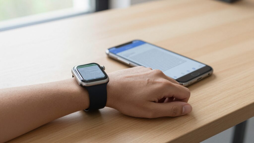 Apple Watch on a wrist showing a PDF document syncing from a nearby iPhone