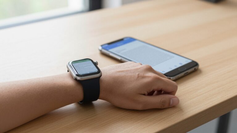 Apple Watch on a wrist showing a PDF document syncing from a nearby iPhone