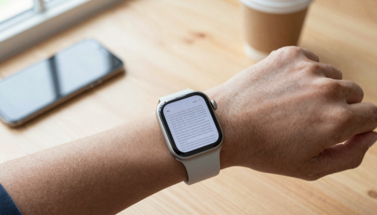 Apple Watch on a wrist showing a document from a pocket reference library