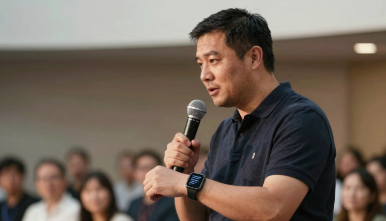 Speaker glancing at speech notes on an Apple Watch during a presentation
