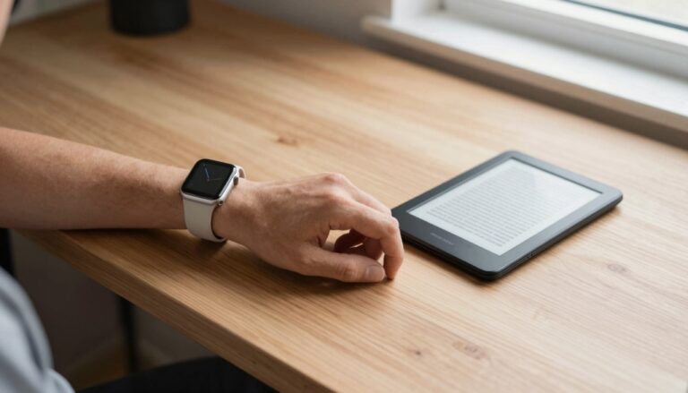 Apple Watch and Kindle side by side showing a document, comparing reading devices