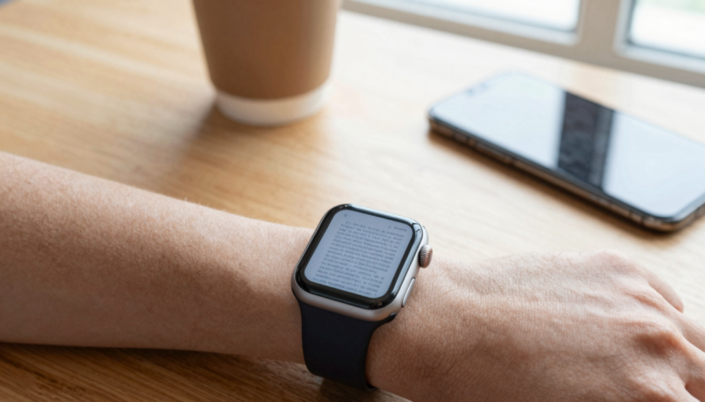 Apple Watch on a wrist showing a document in a reading app