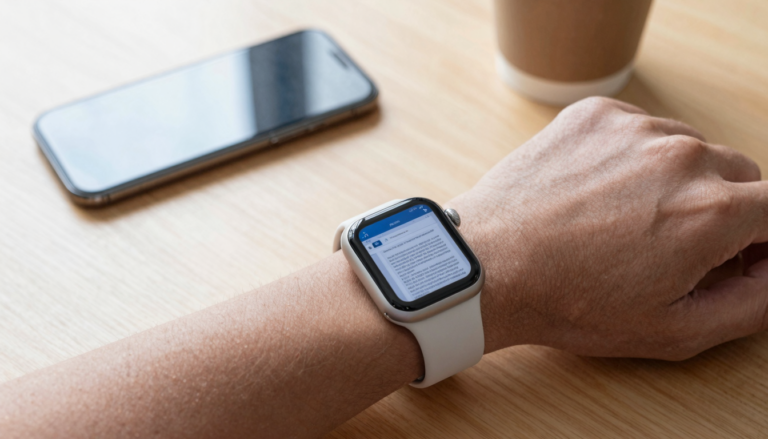 Apple Watch on a wrist showing an open Word document on screen