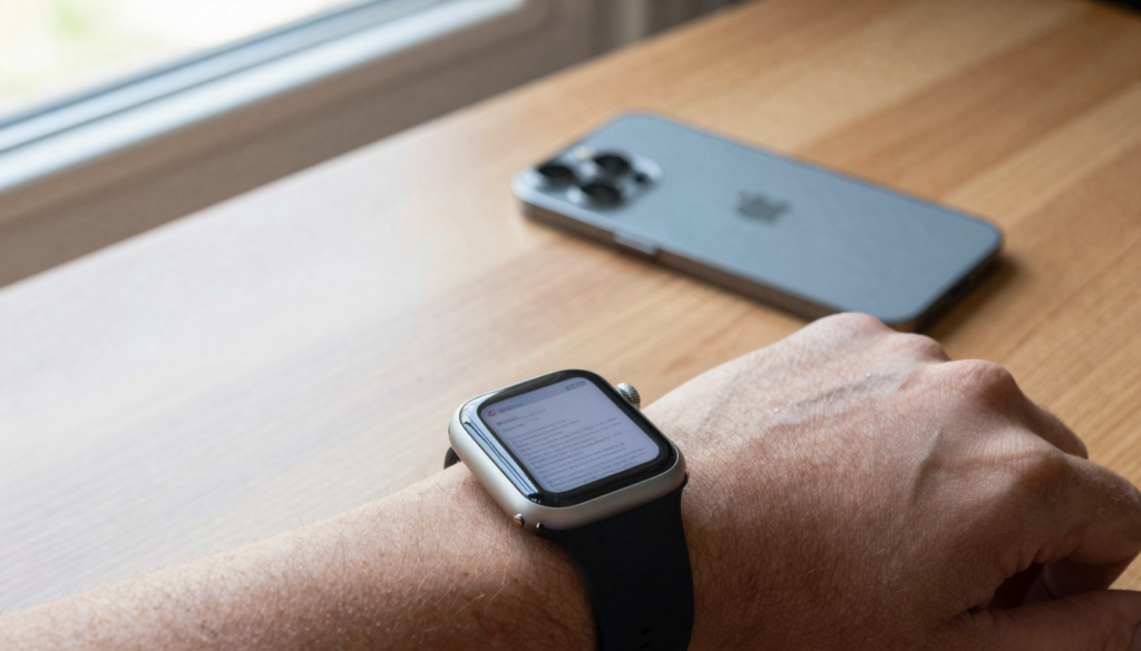 Apple Watch on a wrist showing a document in WristFile next to an iPhone