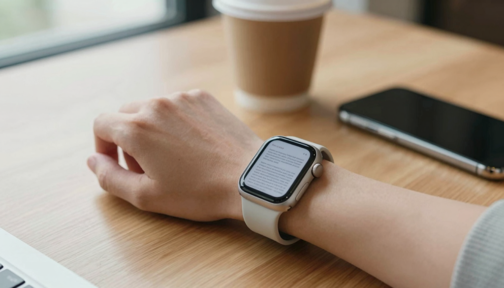 Apple Watch on a wrist showing a PDF document with file type icons nearby