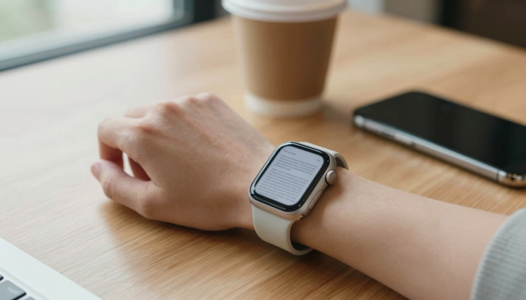 Apple Watch on a wrist showing a PDF document with file type icons nearby