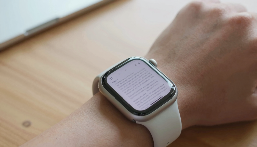 Apple Watch on a wrist showing a multi-page PDF document with clear text