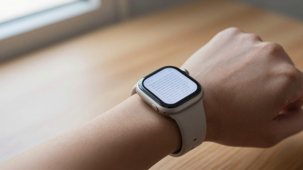 Apple Watch on a wrist displaying a PDF document open in WristFile