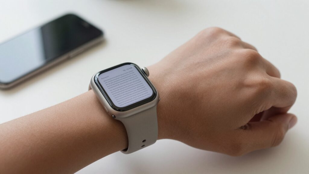 Apple Watch on a wrist displaying a PDF document for offline reading
