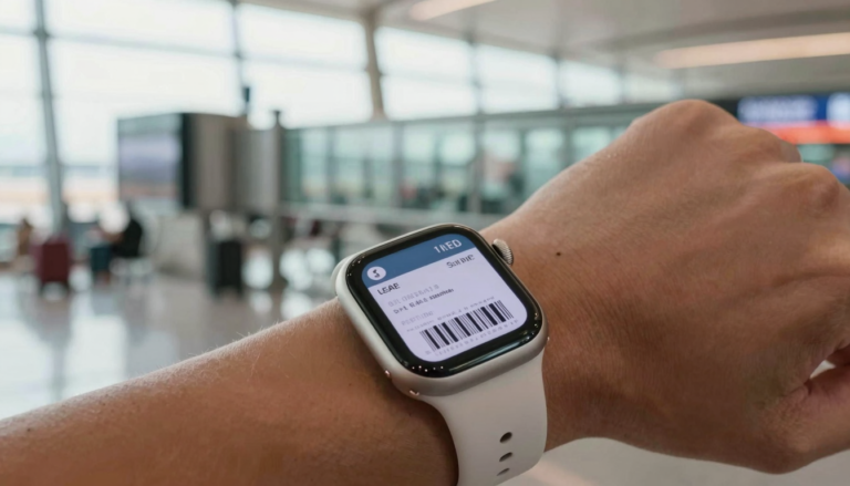 Apple Watch on a wrist showing a boarding pass barcode at an airport gate