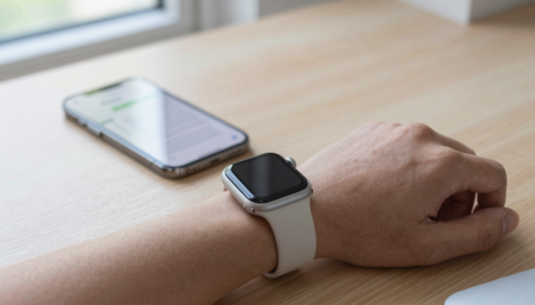 Apple Watch on a wrist showing a PDF document next to an iPhone during a file transfer