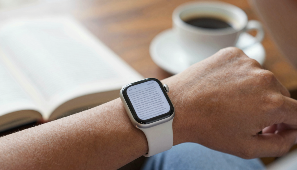 Apple Watch on a wrist displaying a book page in a document reader app
