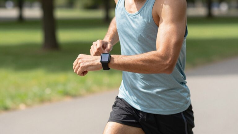Runner glancing at a document on an Apple Watch while running outdoors