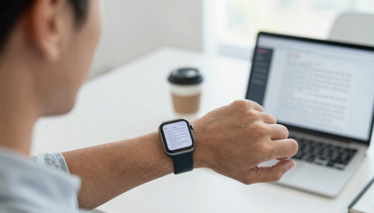 Apple Watch on a wrist showing meeting notes during a hands-free office meeting