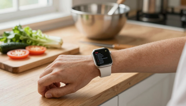 Apple Watch on a wrist showing a recipe while cooking in a kitchen
