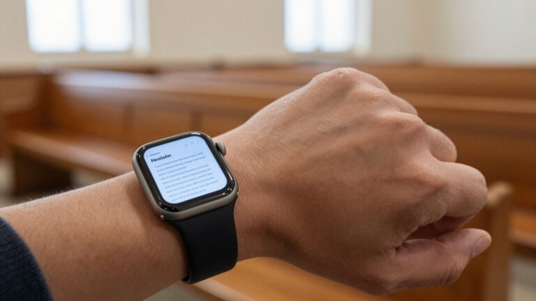 Apple Watch on a wrist showing sermon notes from a PDF during a church service