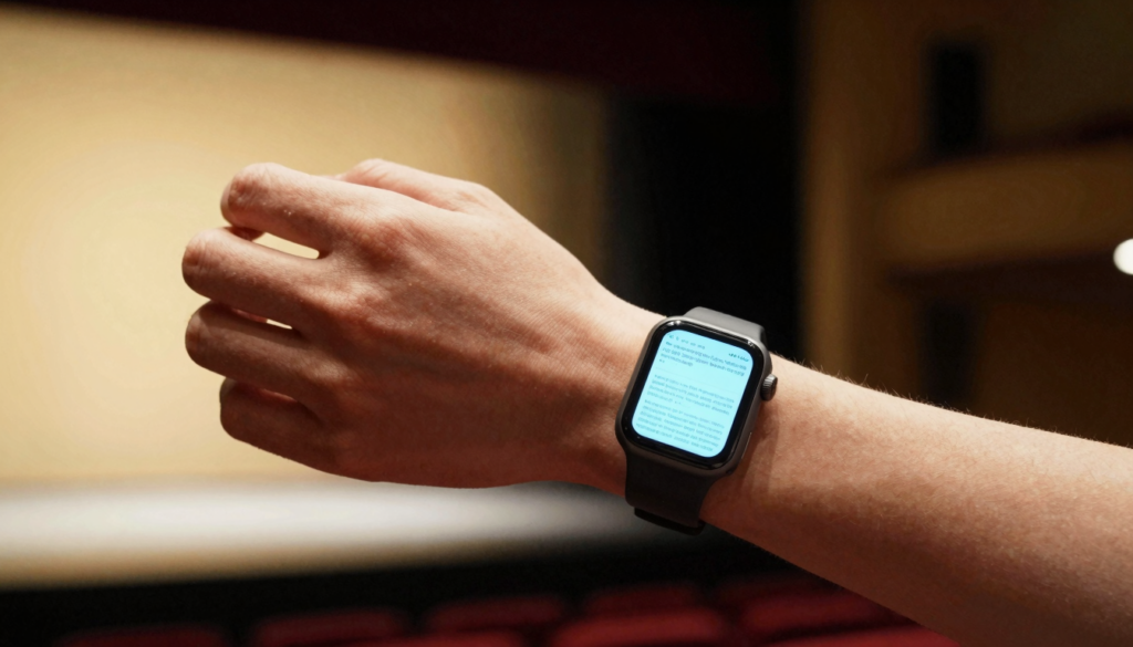 An actor reading script lines on an Apple Watch backstage