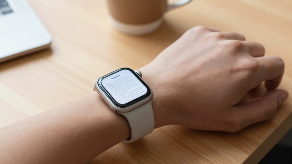 Apple Watch on a wrist showing a saved PDF document for offline reading