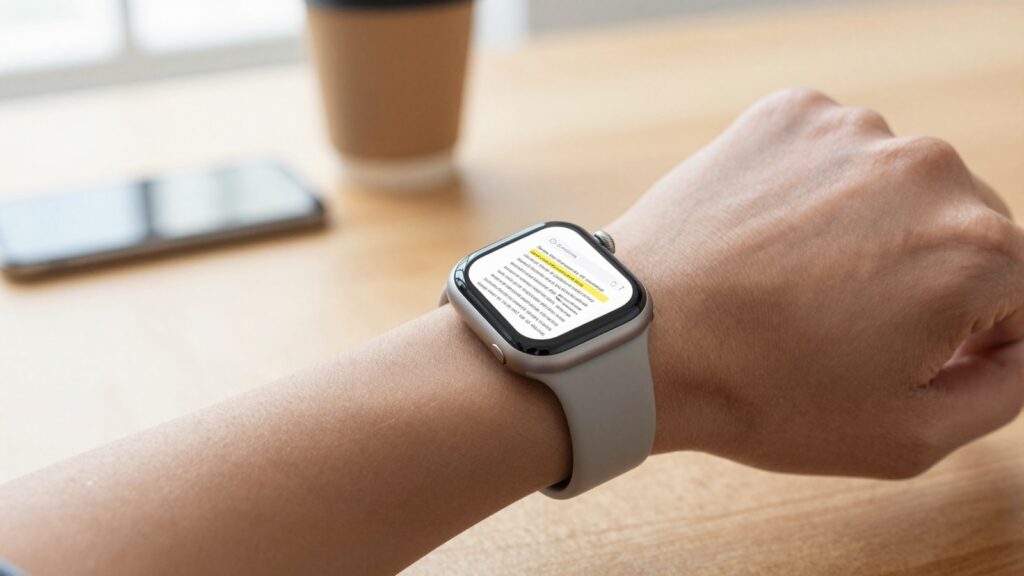 Apple Watch showing a PDF with a text search field on the wrist