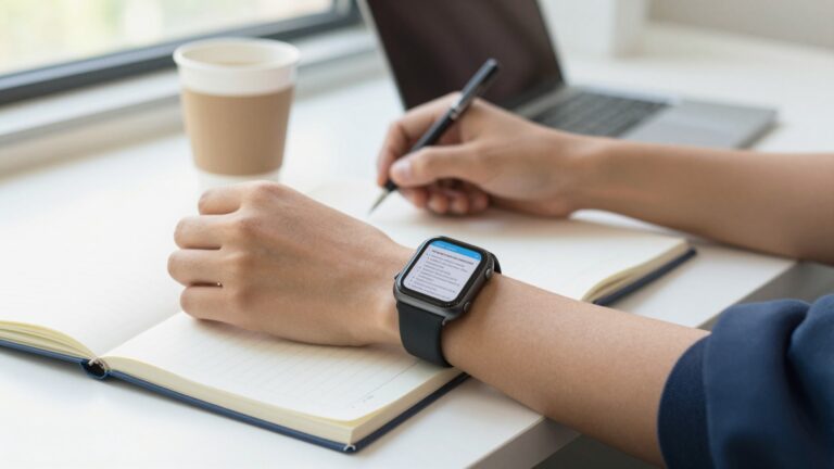 Student reading study notes on an Apple Watch screen between classes