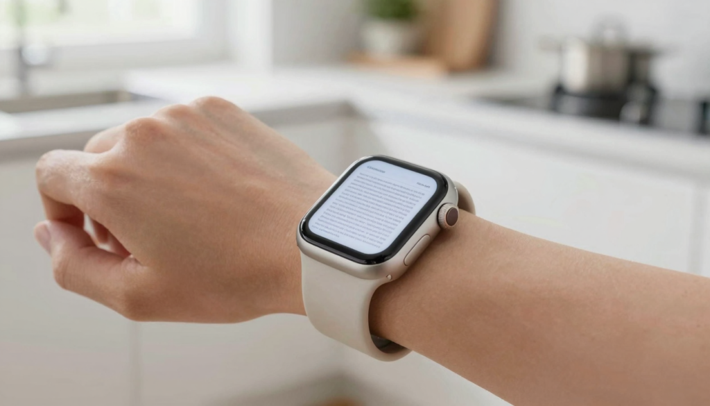 Apple Watch on a wrist showing a document in a viewer app
