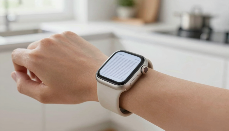Apple Watch on a wrist showing a document in a viewer app