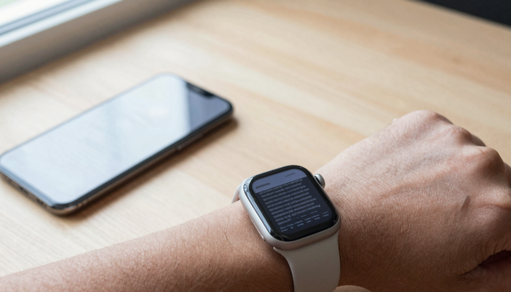 Apple Watch on a wrist syncing a PDF document from an iPhone for offline reading
