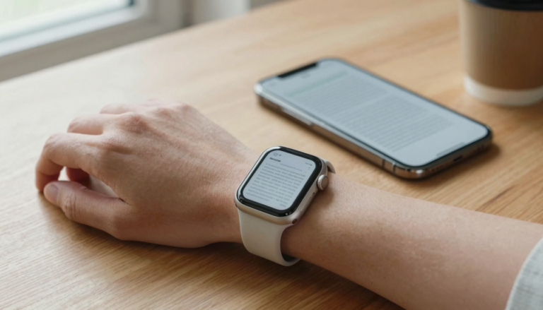Apple Watch on a wrist showing a PDF transferred from an iPhone