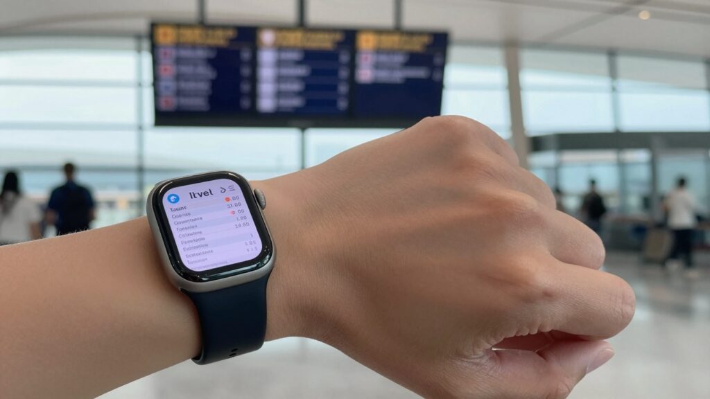 Apple Watch on a wrist showing a travel itinerary PDF at an airport gate