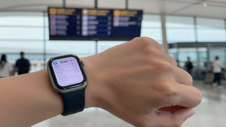 Apple Watch on a wrist showing a travel itinerary PDF at an airport gate
