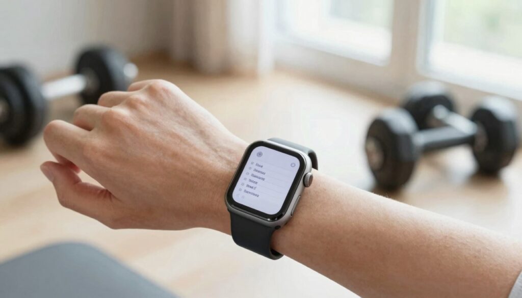 Apple Watch on a wrist at the gym showing a workout plan document
