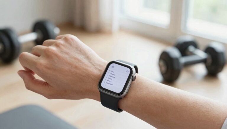 Apple Watch on a wrist at the gym showing a workout plan document
