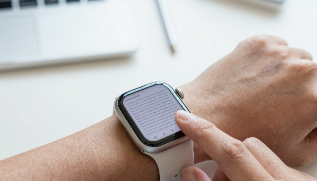 Apple Watch showing a zoomed-in PDF page on a wrist