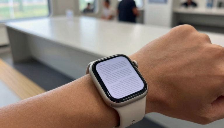 Apple Watch on a wrist showing a document while the wearer works on the go