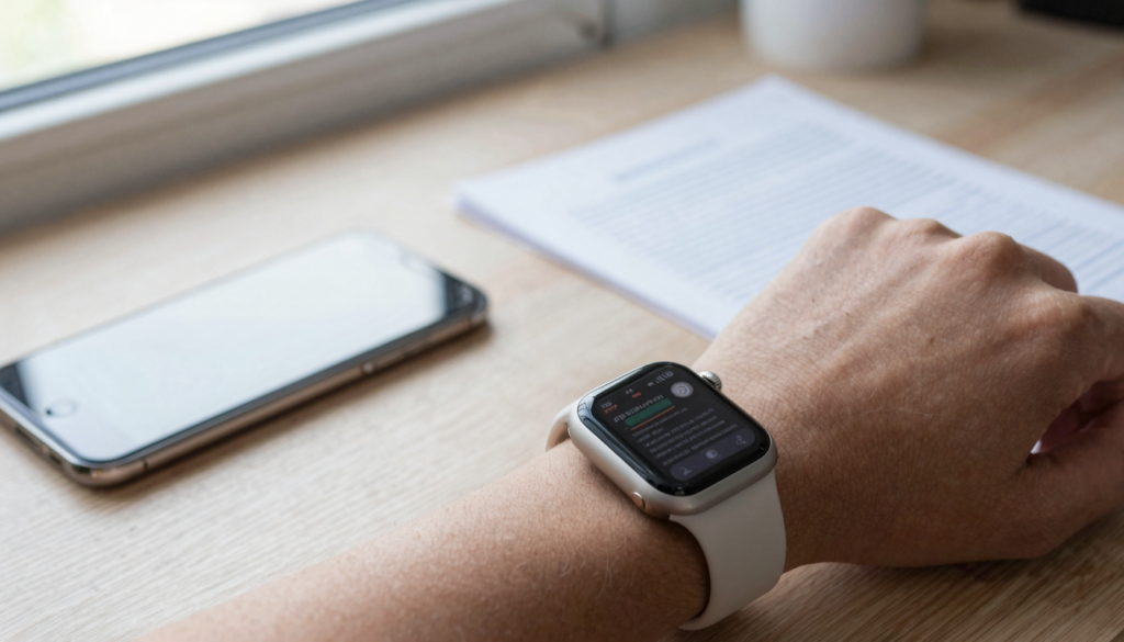 Apple Watch showing a PDF document next to a storage usage screen