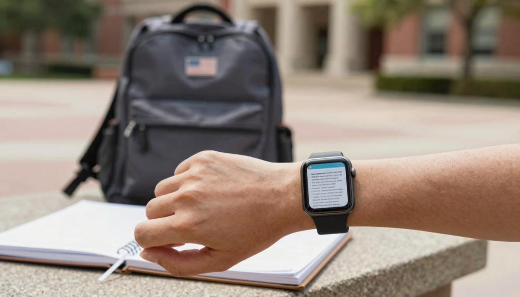 Student reading lecture notes on an Apple Watch on campus with WristFile