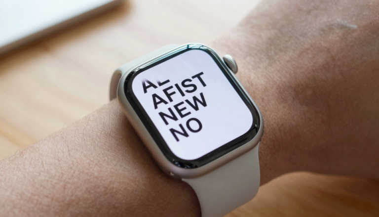 Apple Watch on a wrist showing a document with large, bold text and high brightness