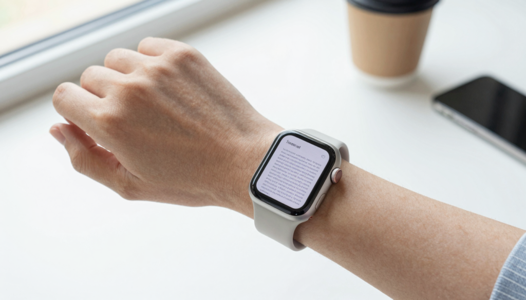 Apple Watch on a wrist showing a document library with a PDF open