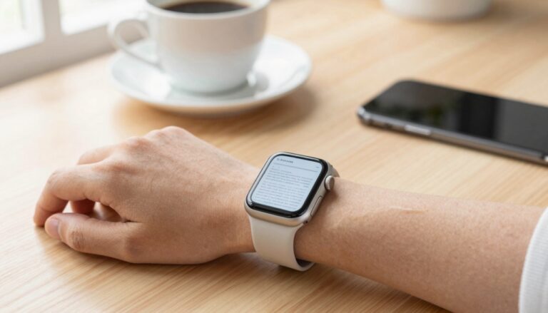 Apple Watch on a wrist showing a document page, reading documents on Apple Watch