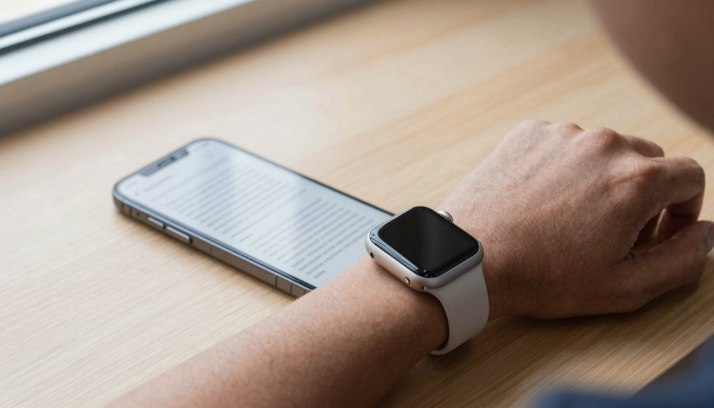 Apple Watch on a wrist showing a PDF page continued from an iPhone