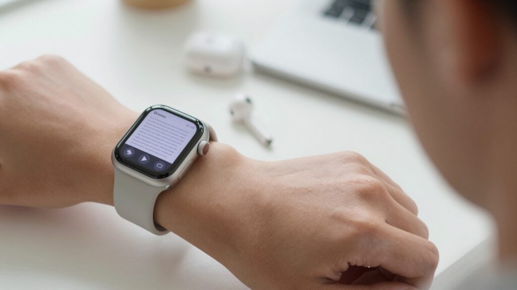 Apple Watch on a wrist reading a PDF aloud with text-to-speech through AirPods
