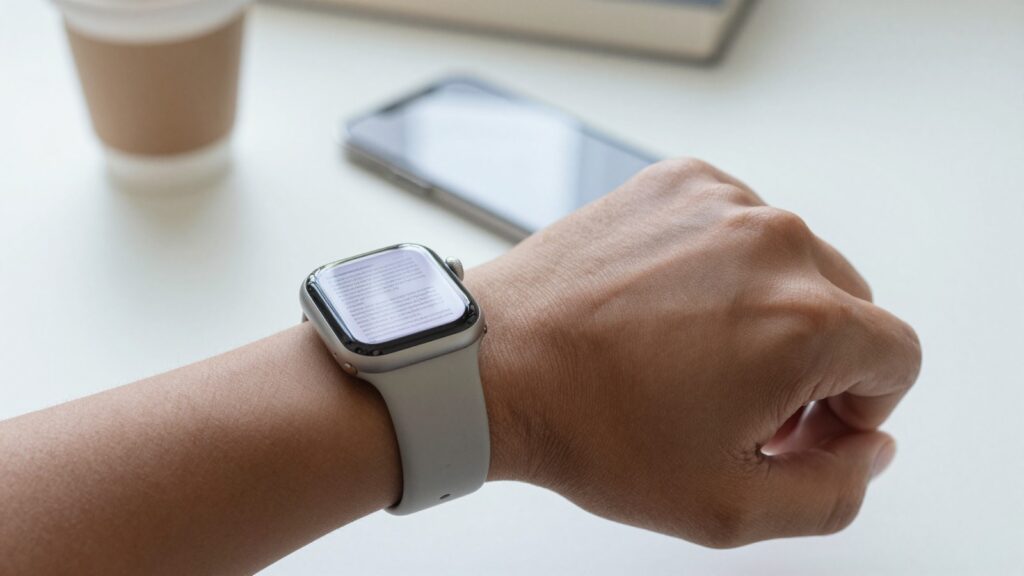 Apple Watch on a wrist showing a readable PDF with large, clear text