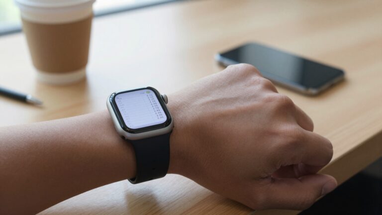 Apple Watch on a wrist showing an open CSV spreadsheet with WristFile
