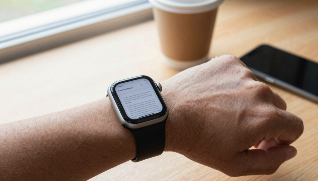 Apple Watch on a wrist showing a PDF attachment opened from a Mail email