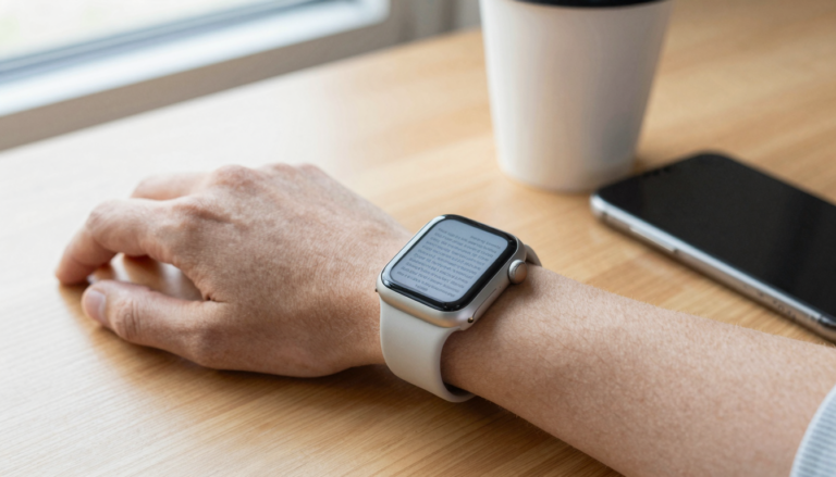 Apple Watch on a wrist showing an ebook page converted from EPUB for offline reading