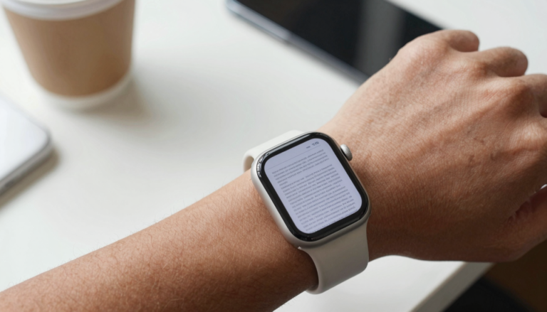Apple Watch Series 10 on a wrist showing a PDF document page
