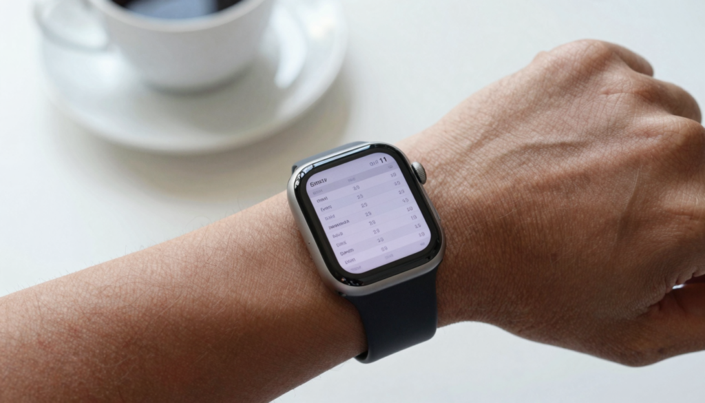 Apple Watch on a wrist showing a spreadsheet table with rows and columns
