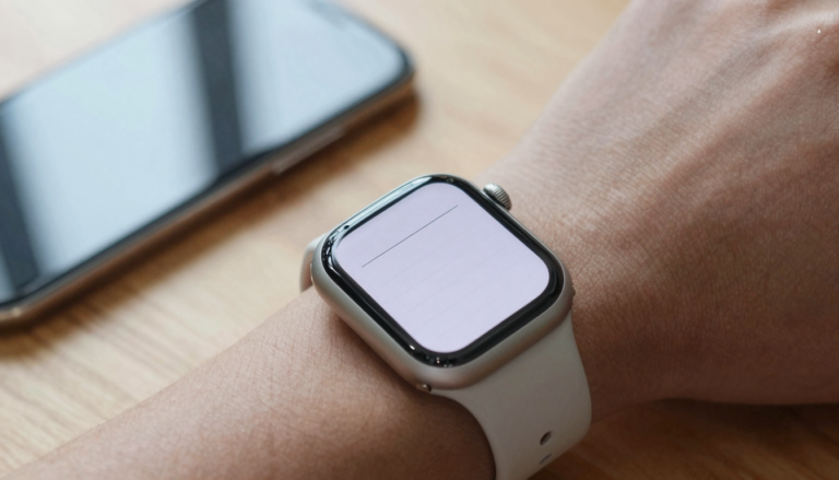 Apple Watch on a wrist showing a plain text file open in a reader app